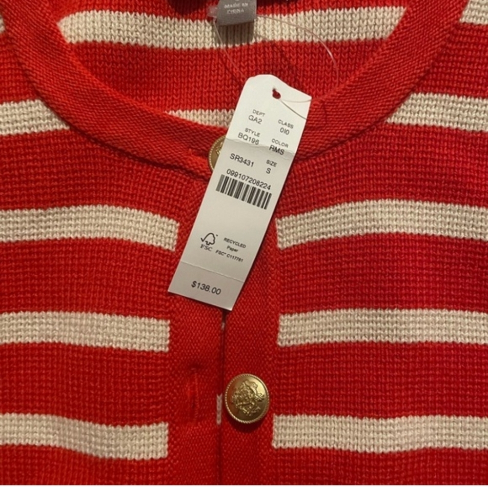 J. Crew sweater lady jacket Red and Cream Striped Cardigan Small - Picture 3 of 5